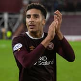 James Hill applauds the fans after his Hearts debut. Picture: SNS