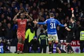 Aberdeen captain Anthony Stewart is sent off for a shocking tackle on Rangers' Fashion Sakala.