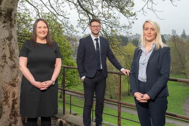 The promotions include, from left, Leanne Warrender (partner), Danny Anderson (senior solicitor) and Kayleigh MacLaren (director). Picture: Michal Wachucik.