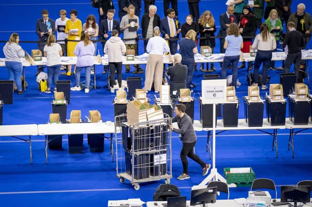 Ballot boxes at the Glasgow City Council count at the Emirates Arena, in Glasgow, in the local government elections (Photo: Jane Barlow).