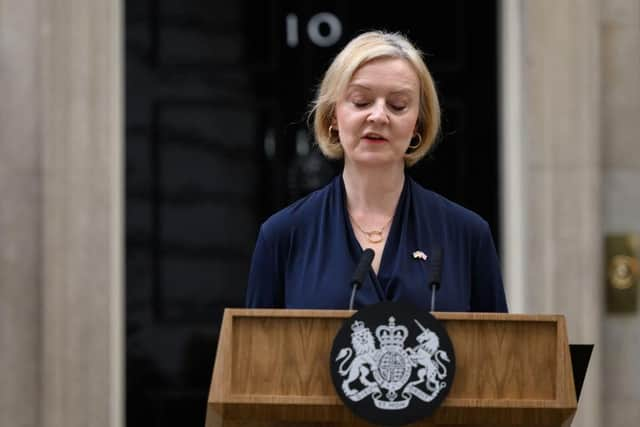 Prime Minister Liz Truss announces her resignation as she addresses the media outside number 10 at Downing Street on October 20, 2022.