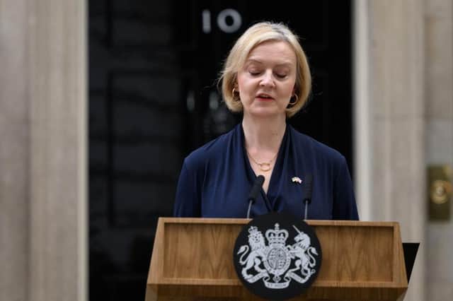 Prime Minister Liz Truss announces her resignation as she addresses the media outside number 10 at Downing Street on October 20, 2022.