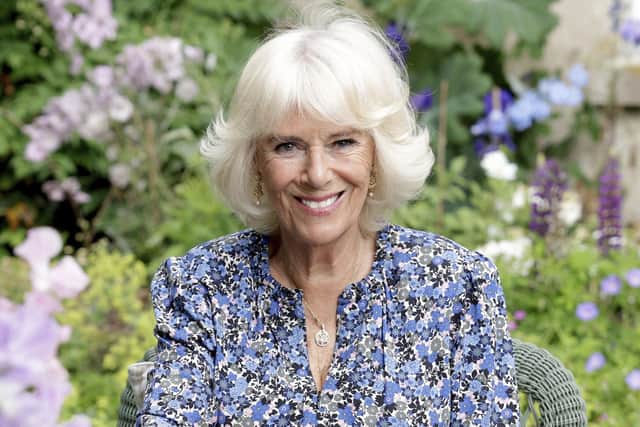 Camilla, Duchess of Cornwall, poses for an official portrait to mark her 75th birthday, at her home in Wiltshire, England. (Chris Jackson/Clarence House/PA via AP)