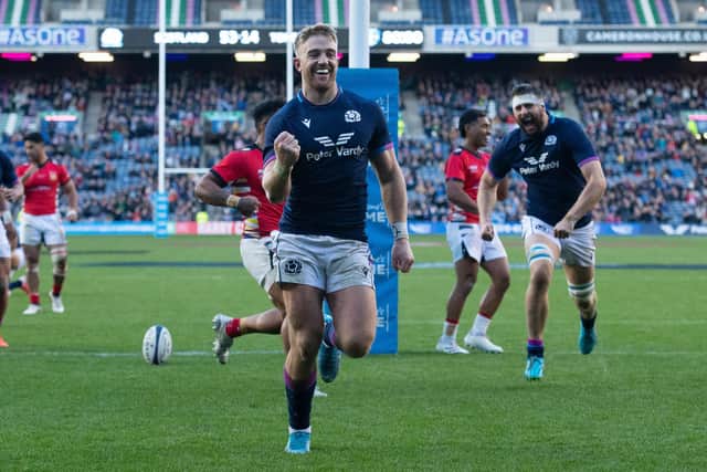 Kyle Steyn celebrates his fourth try and Scotland's tenth during the 60-14 Autumn Nations Series win over Tonga. (Photo by Ross MacDonald / SNS Group)