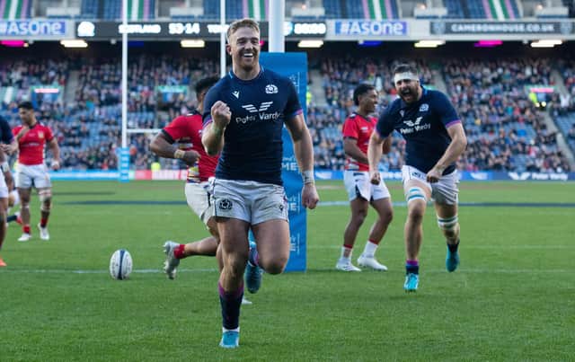 Kyle Steyn celebrates his fourth try and Scotland's tenth during the 60-14 Autumn Nations Series win over Tonga. (Photo by Ross MacDonald / SNS Group)
