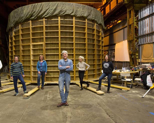 The Wall of Death team in the old shipyard building down by The Clyde: (left to right) Bradley Mitchell, Dawn Storey, Stephen Skrynka, Alison McWhirter and Gemma Patchett. PIC: Robert Perry.