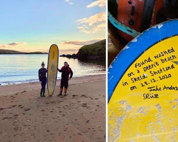 A surfboard that washed up on a Shetland beach last year has been returned to its rightful owner - who lost it more than 400 miles away.