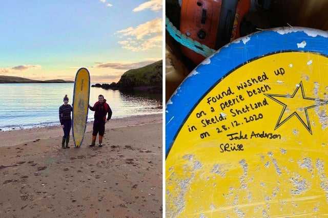 A surfboard that washed up on a Shetland beach last year has been returned to its rightful owner - who lost it more than 400 miles away.