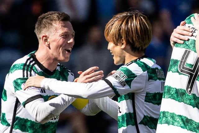 Celtic captain Callum McGregor celebrates with Kyogo Furuhashi after the 1-0 win over Rangers at Ibrox. (Photo by Alan Harvey / SNS Group)