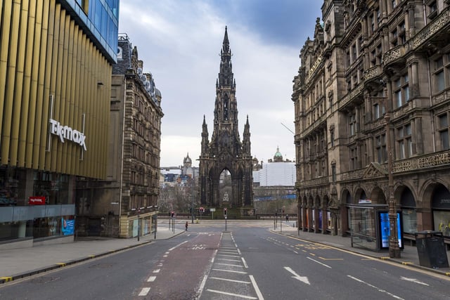 The streets around the Scott Monument at the east end of Princes Street were quiet. (Photo by Mark Scates / SNS Group)