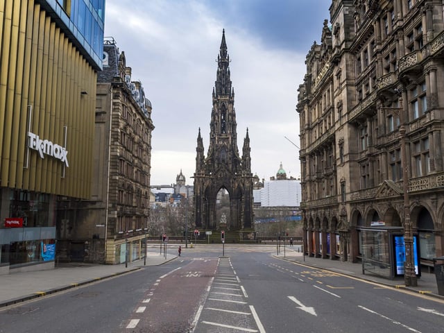 The streets around the Scott Monument at the east end of Princes Street were quiet. (Photo by Mark Scates / SNS Group)