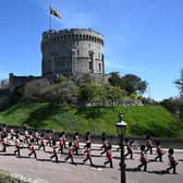 The Foot Guards Band are seen marching into position ahead of the funeral of the Duke of Edinburgh at Windsor Castle.