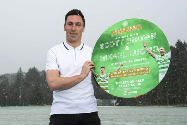 Celtic icon Scott Brown returns to his old Lennoxtown stomping ground to promote a special evening to be held at the SECC on May 18 that will see the 37-year-old and former team-mate Mikel Lustig honoured. (Photo by Craig Foy / SNS Group)