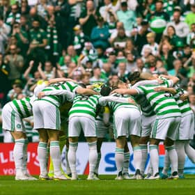 Celtic Huddle before bringing the curtain down on a title-winning season 2021-22.  (Photo by Craig Foy / SNS Group)