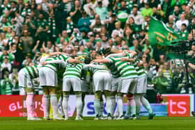 Celtic Huddle before bringing the curtain down on a title-winning season 2021-22.  (Photo by Craig Foy / SNS Group)