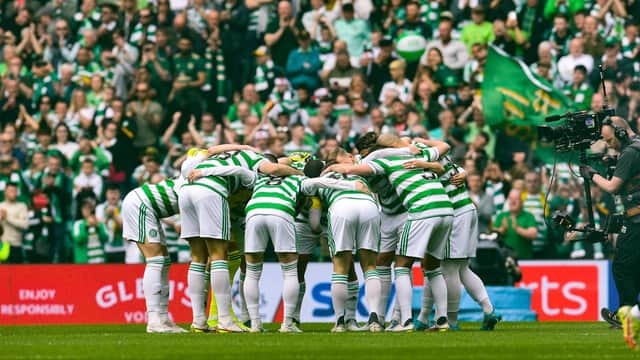 Celtic Huddle before bringing the curtain down on a title-winning season 2021-22.  (Photo by Craig Foy / SNS Group)