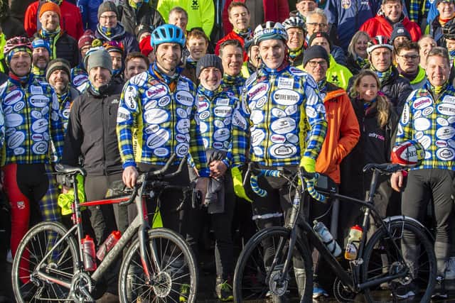 Mark Beaumont and Rob Wainwright with other participants of the Doddie 500 challenge, before they set off on Thursday.