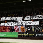 Motherwell fans unveil a protest banner aimed at a kick-off time for their Premier Sports Cup quarter-final.  (Photo by Ross MacDonald / SNS Group)