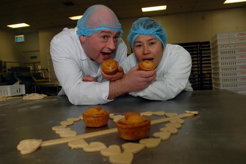 Dicksons Middlefields staff Kevin Shaw and Tum Hogg were pictured enjoying pork pies with a Valentine's shape in 2010.