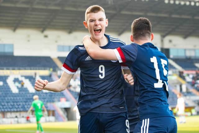 Rangers striker Rory Wilson celebrates his second goal for Scotland under-17s in their 2-2 draw against Czech Republic in a European Championship qualifier at Falkirk last Wednesday. (Photo by Craig Foy / SNS Group)