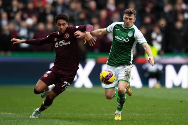 James Hill and Josh Campbell vie for possession during the last derby match between Hibs and Hearts at Easter Road.