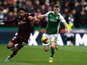 James Hill and Josh Campbell vie for possession during the last derby match between Hibs and Hearts at Easter Road.
