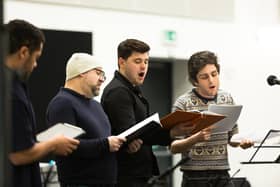 Reuben Joseph, Harry Ward, Charlie West and Martin Quinn in rehearsals for the new National Theatre of Scotland production of Orphans PIC: Eoin Carey