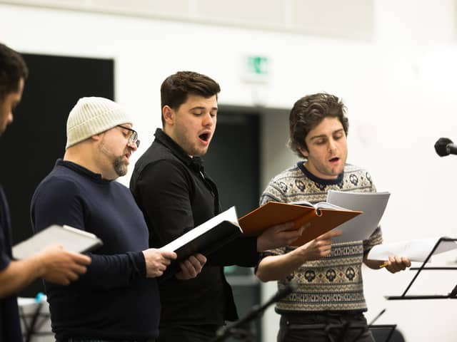Reuben Joseph, Harry Ward, Charlie West and Martin Quinn in rehearsals for the new National Theatre of Scotland production of Orphans PIC: Eoin Carey