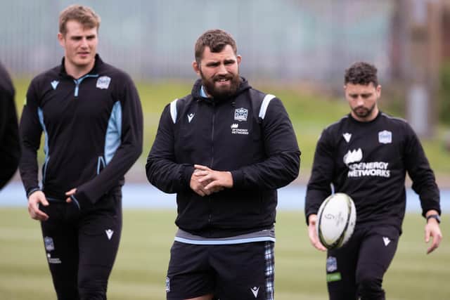 Jamie Bhatti, centre, trains with Glasgow Warriors ahead of their European quarter-final in Lyon. (Photo by Alan Harvey / SNS Group)