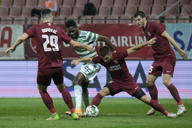Celtic's goalscorer Odsonne Edouard, in early action as he duels for the ball with Sarajevo's Mersudin Ahmetovic, second right, during the Scottish champions Europa League play-off win in Zenica's Bilino polje stadium. (AP Photo/Kemal Softic)