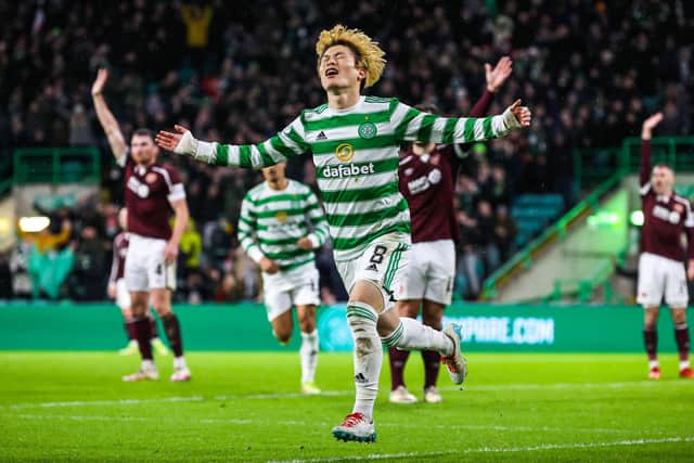 Kyogo Furuhashi celebrates after scoring to make it 1-0 during the cinch Premiership match between Celtic and Hearts. (Photo by Alan Harvey / SNS Group)