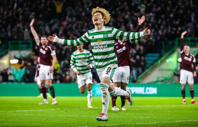 Kyogo Furuhashi celebrates after scoring to make it 1-0 during the cinch Premiership match between Celtic and Hearts. (Photo by Alan Harvey / SNS Group)