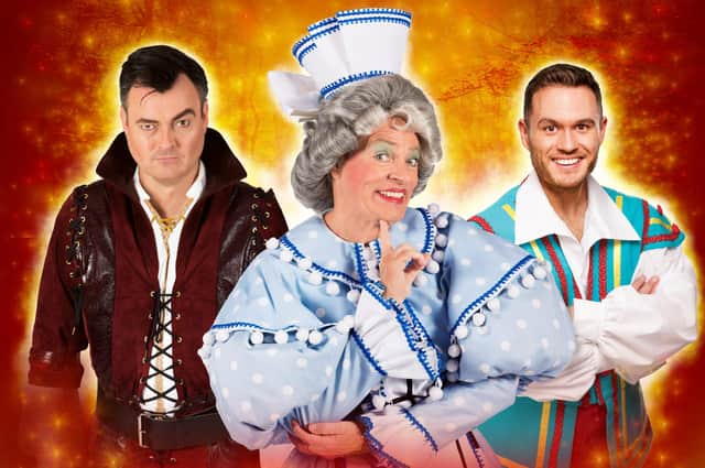 Grant Stott is The Henchman, Allan Stewart is Nurse May and Jordan Young is Muddles in Snow White and the Seven Dwarfs at Edinburgh's Festival Theatre