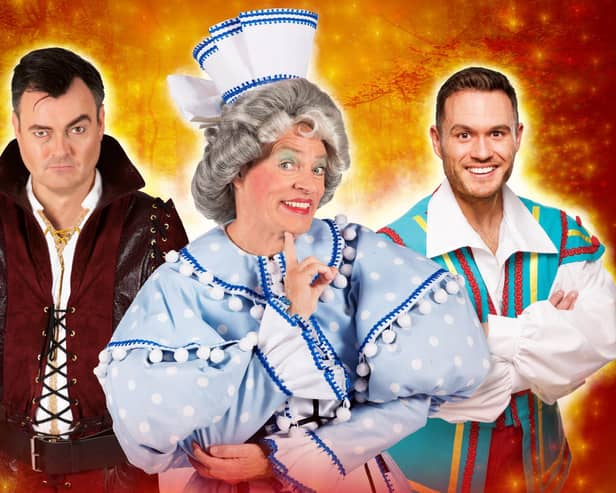 Grant Stott is The Henchman, Allan Stewart is Nurse May and Jordan Young is Muddles in Snow White and the Seven Dwarfs at Edinburgh's Festival Theatre