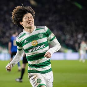 Celtic's Kyogo Furuhashi celebrates after making it 2-1 over Hearts. (Photo by Craig Williamson / SNS Group)