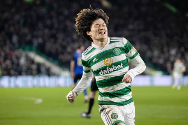 Celtic's Kyogo Furuhashi celebrates after making it 2-1 over Hearts. (Photo by Craig Williamson / SNS Group)