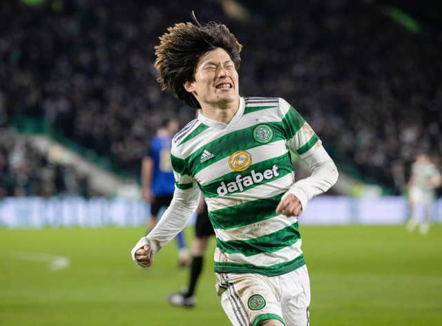 Celtic's Kyogo Furuhashi celebrates after making it 2-1 over Hearts. (Photo by Craig Williamson / SNS Group)