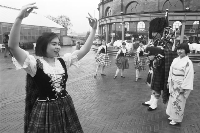 The Tokyo Scottish Blubell Club, a Highland dance group from Japan, perform at the Glasgow Garden Festival in August 1988