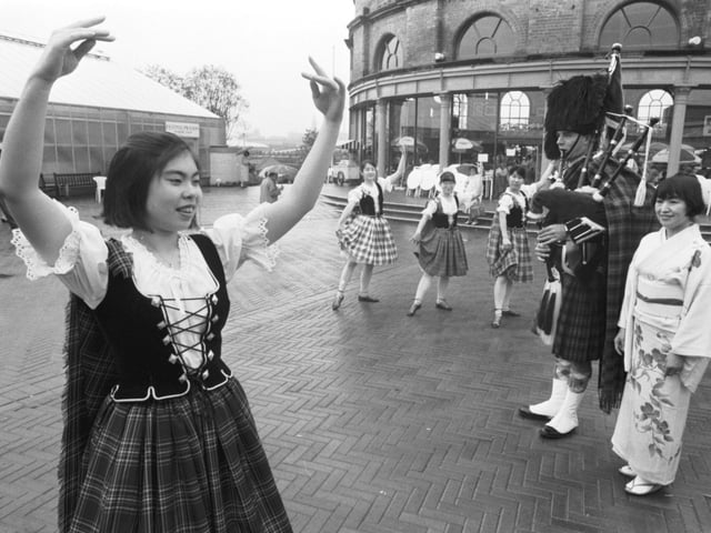 The Tokyo Scottish Blubell Club, a Highland dance group from Japan, perform at the Glasgow Garden Festival in August 1988