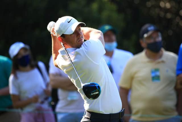 Rory McIlroy plays his shot from the 15th tee during a practice round prior to the Masters at Augusta National Golf Club on Tuesday. Picture: Mike Ehrmann/Getty Images.