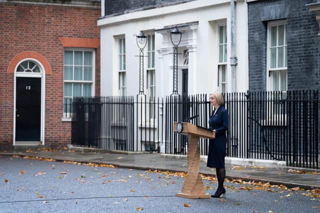 Prime Minister, Liz Truss with her husband Hugh O'Leary, makes a statement outside 10 Downing Street, London, where she announced her resignation as Prime Minister. Picture date: Thursday October 20, 2022.
