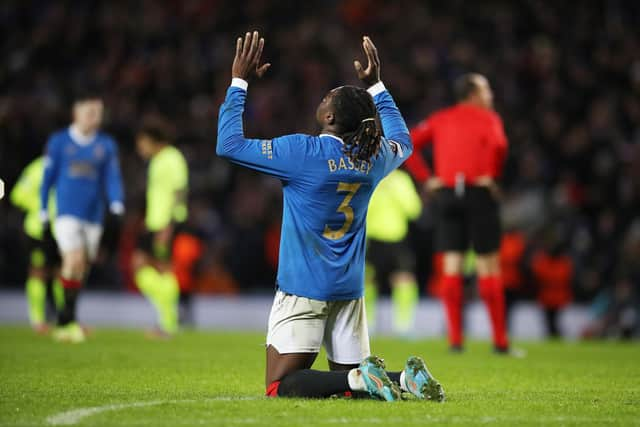 Rangers defender Calvin Bassey, pictured celebrating after the win over Borussia Dortmund in February, says he has been 'overwhelmed' by the Ibrox club's Europa League run this season. (Photo by Ian MacNicol/Getty Images)