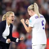 Sarina Wiegman, Manager of England celebrates with Alex Greenwood following  the UEFA Women's Euro England 2022 Quarter Final match between England and Spain at Brighton & Hove Community Stadium on July 20, 2022 in Brighton, England. (Photo by Naomi Baker/Getty Images)