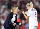 Sarina Wiegman, Manager of England celebrates with Alex Greenwood following  the UEFA Women's Euro England 2022 Quarter Final match between England and Spain at Brighton & Hove Community Stadium on July 20, 2022 in Brighton, England. (Photo by Naomi Baker/Getty Images)