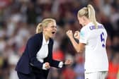 Sarina Wiegman, Manager of England celebrates with Alex Greenwood following  the UEFA Women's Euro England 2022 Quarter Final match between England and Spain at Brighton & Hove Community Stadium on July 20, 2022 in Brighton, England. (Photo by Naomi Baker/Getty Images)