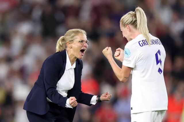 Sarina Wiegman, Manager of England celebrates with Alex Greenwood following the UEFA Women's Euro England 2022 Quarter Final match between England and Spain at Brighton & Hove Community Stadium on July 20, 2022 in Brighton, England. (Photo by Naomi Baker/Getty Images)
