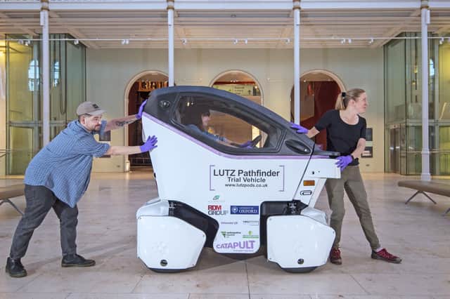 A prototype LUTZ Pathfinder, used for the first test of fully self-driving cars in public in the UK, goes on display at the National Museum of Scotland. PIC: Neil Hanna Photography