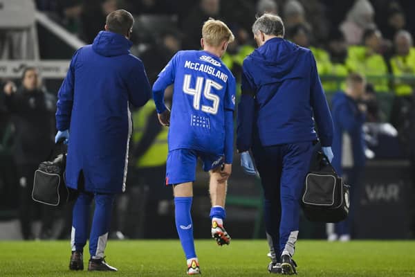 Rangers winger Ross McCausland goes off injured during the Scottish Cup win over Hibs on March 10. (Photo by Rob Casey / SNS Group)
