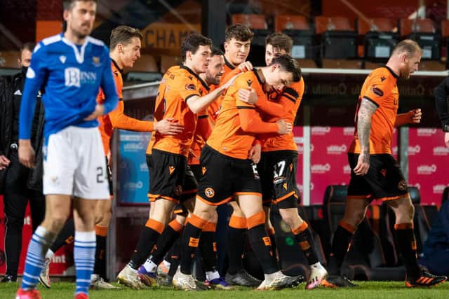 Dundee United celebrate Lawrence Shankland's phenomenal goal. Picture: SNS