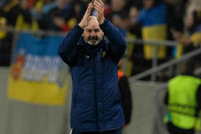 Steve Clarke applauds the Scotland fans at the end of the goalless draw in Krakow. (Photo by Craig Williamson / SNS Group)